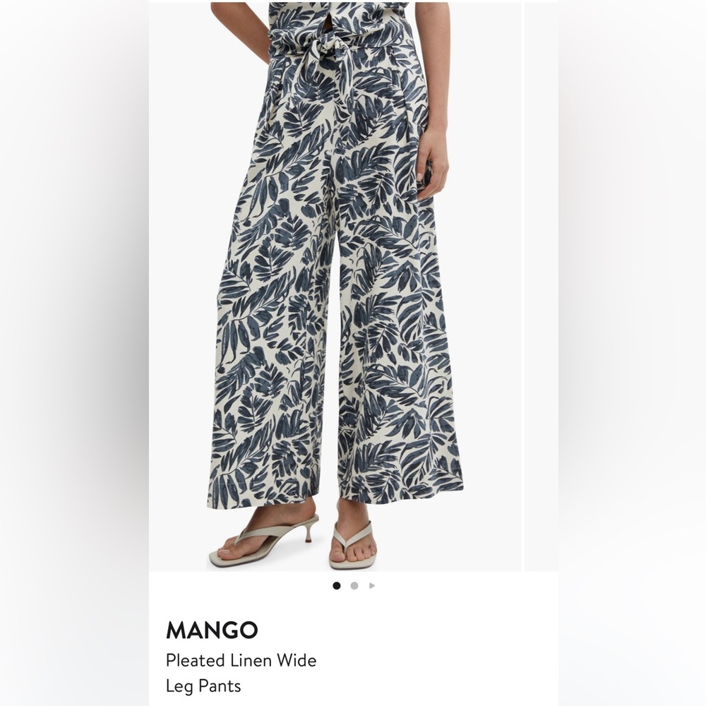 Mango Pleated Linen Wide Leg Pants, Leaf Pattern